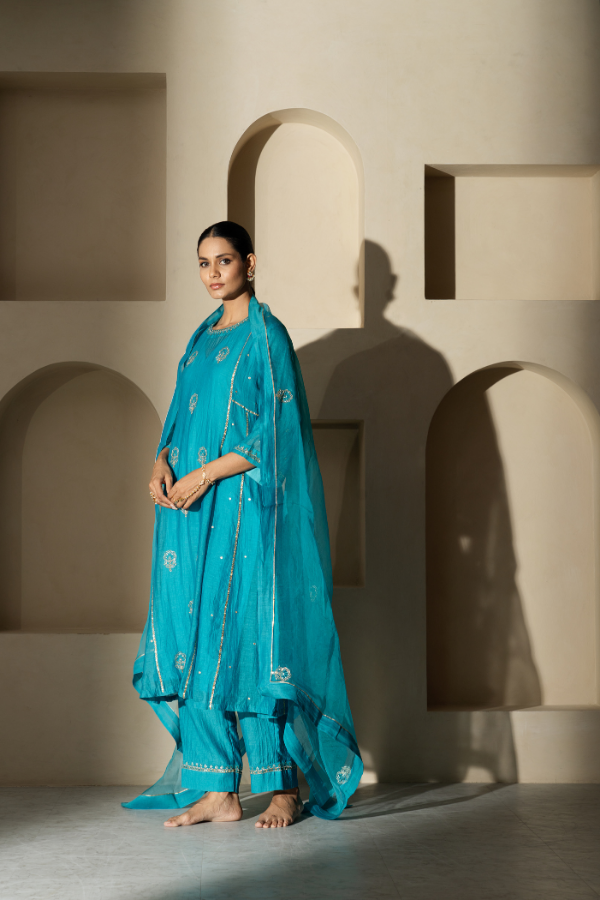 Turquoise Blue Gota Patti & Dabka Mulchanderi Kurta Set