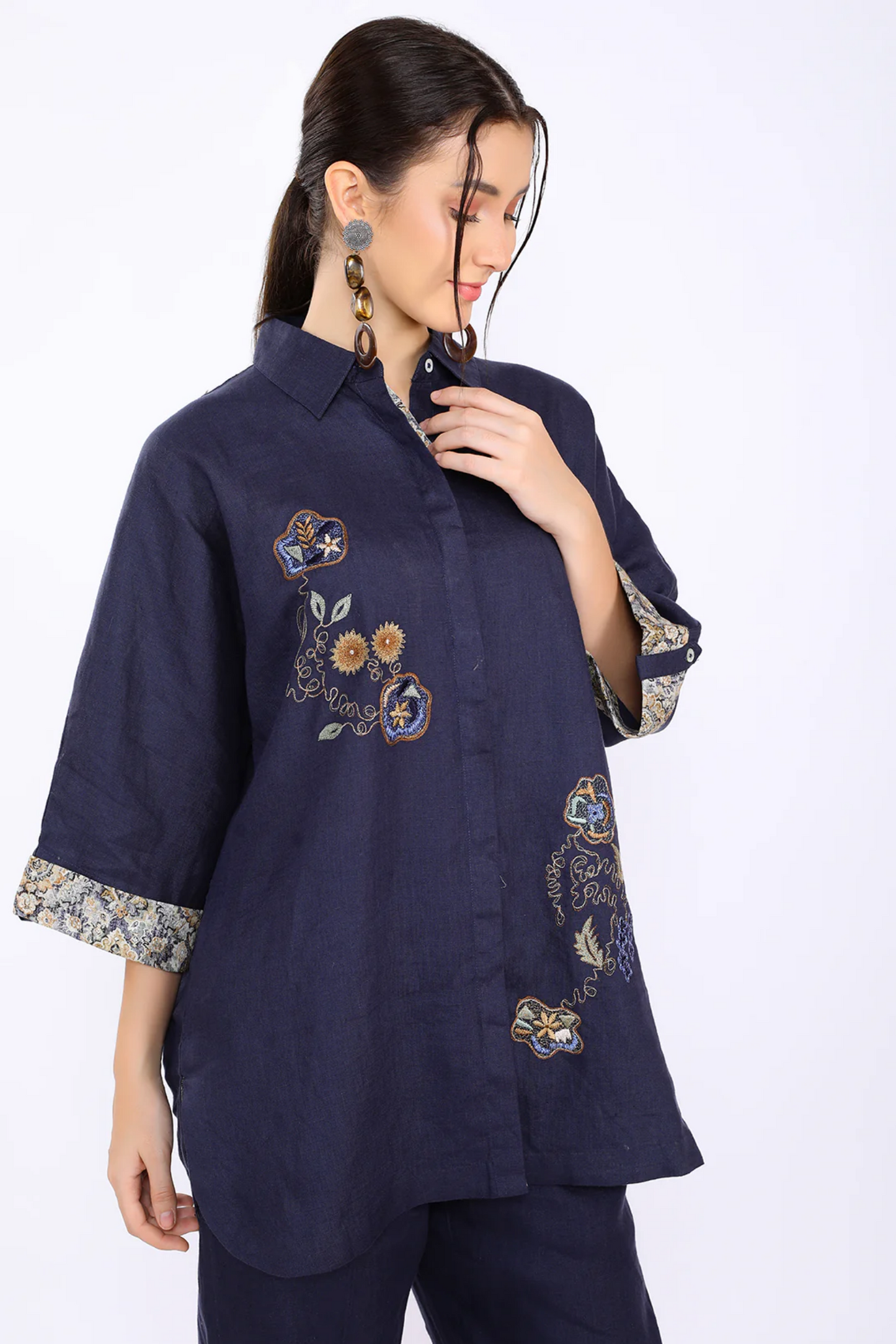 Navy Blue Embroidered Lunge Shirt