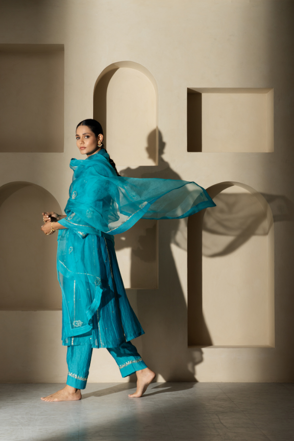 Turquoise Blue Gota Patti & Dabka Mulchanderi Kurta Set