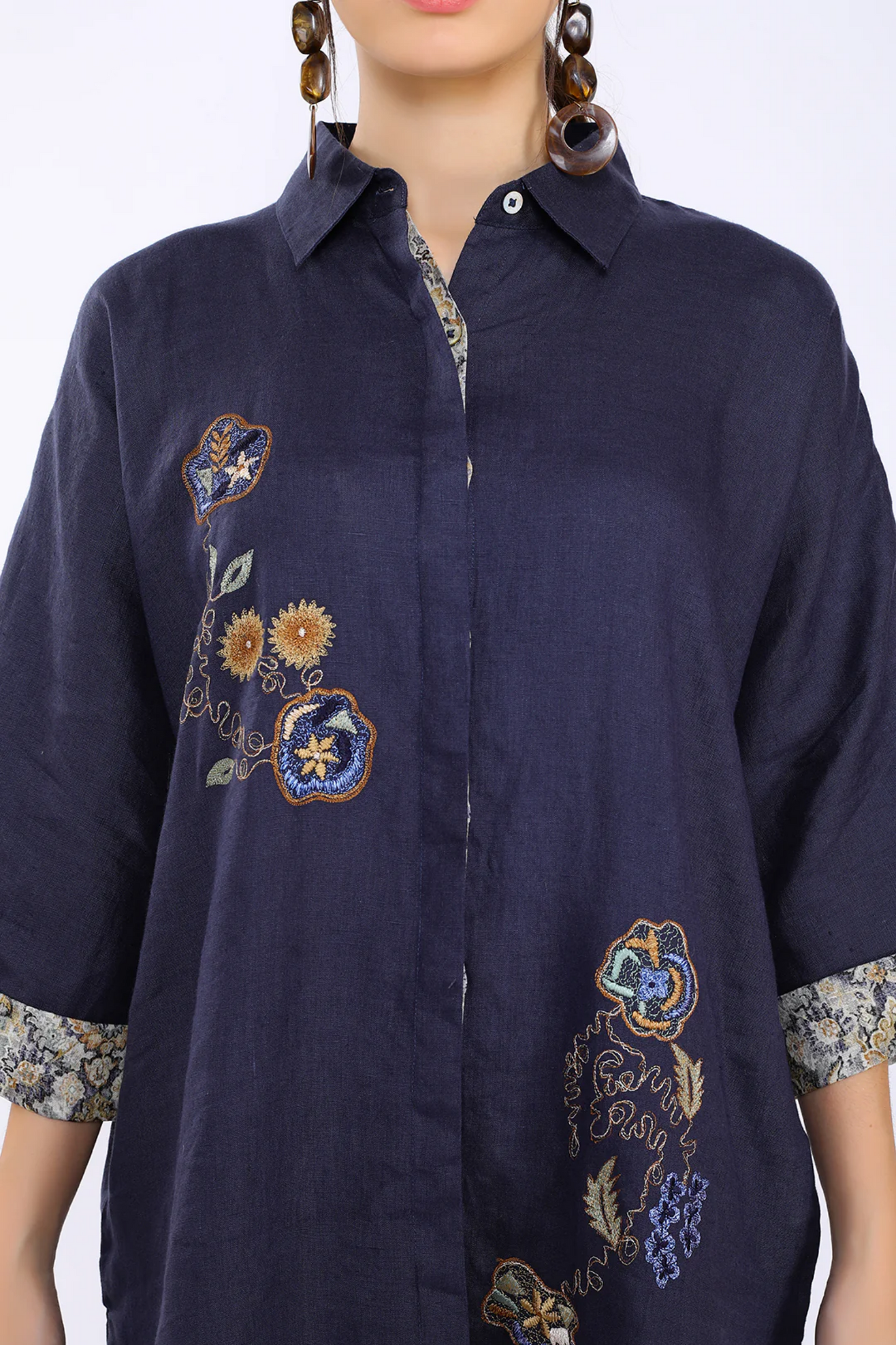 Navy Blue Embroidered Lunge Shirt