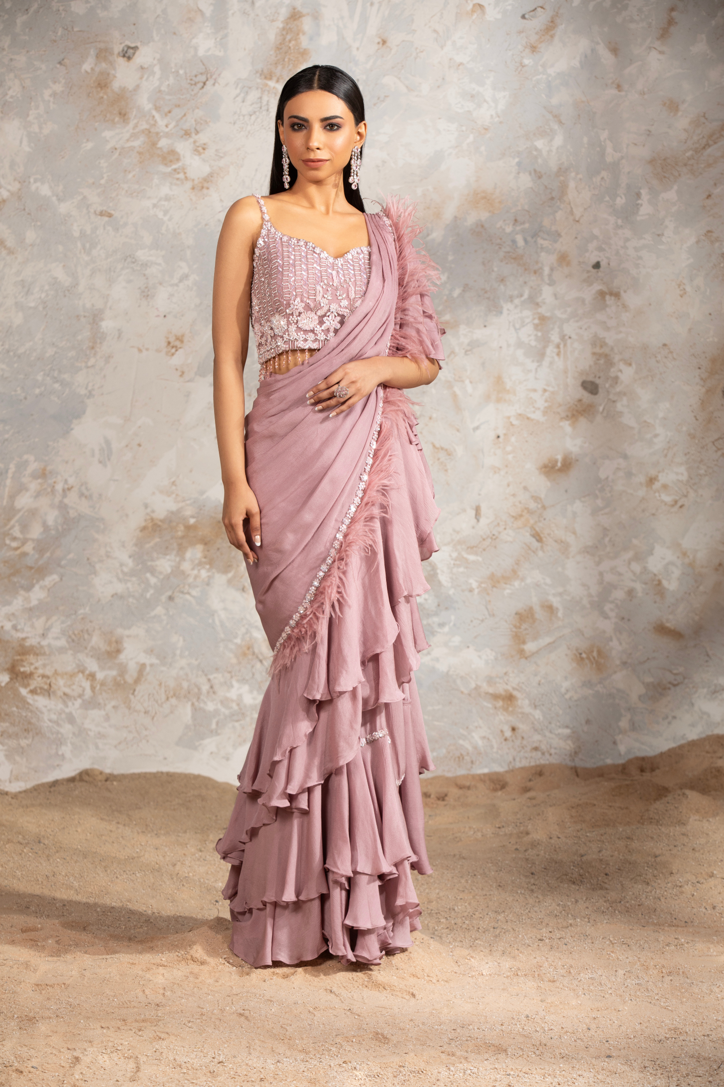 Dusty Pink Chiffon Ruffle Draped Saree