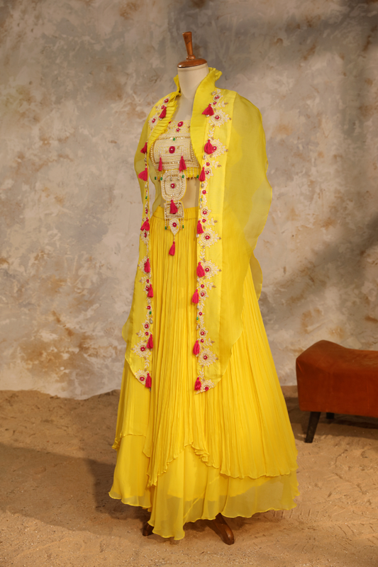 Yellow Pearl Cape Lehenga Set