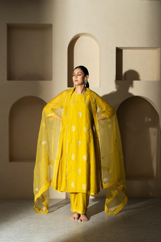 Lemon Yellow Dabka Embroidery Mulchanderi Kurta Set