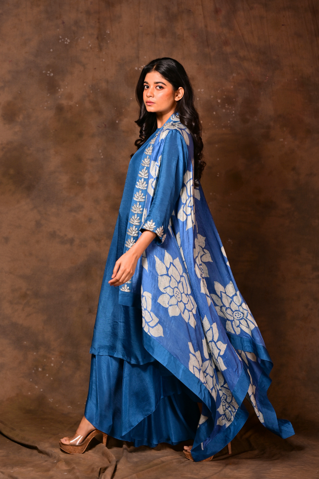 Blue Batik Print Sleeveless Jacket & Sharara Set