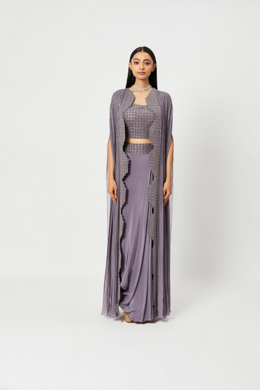 Lilac Pleated Skirt With Embroidered Cape And Blouse