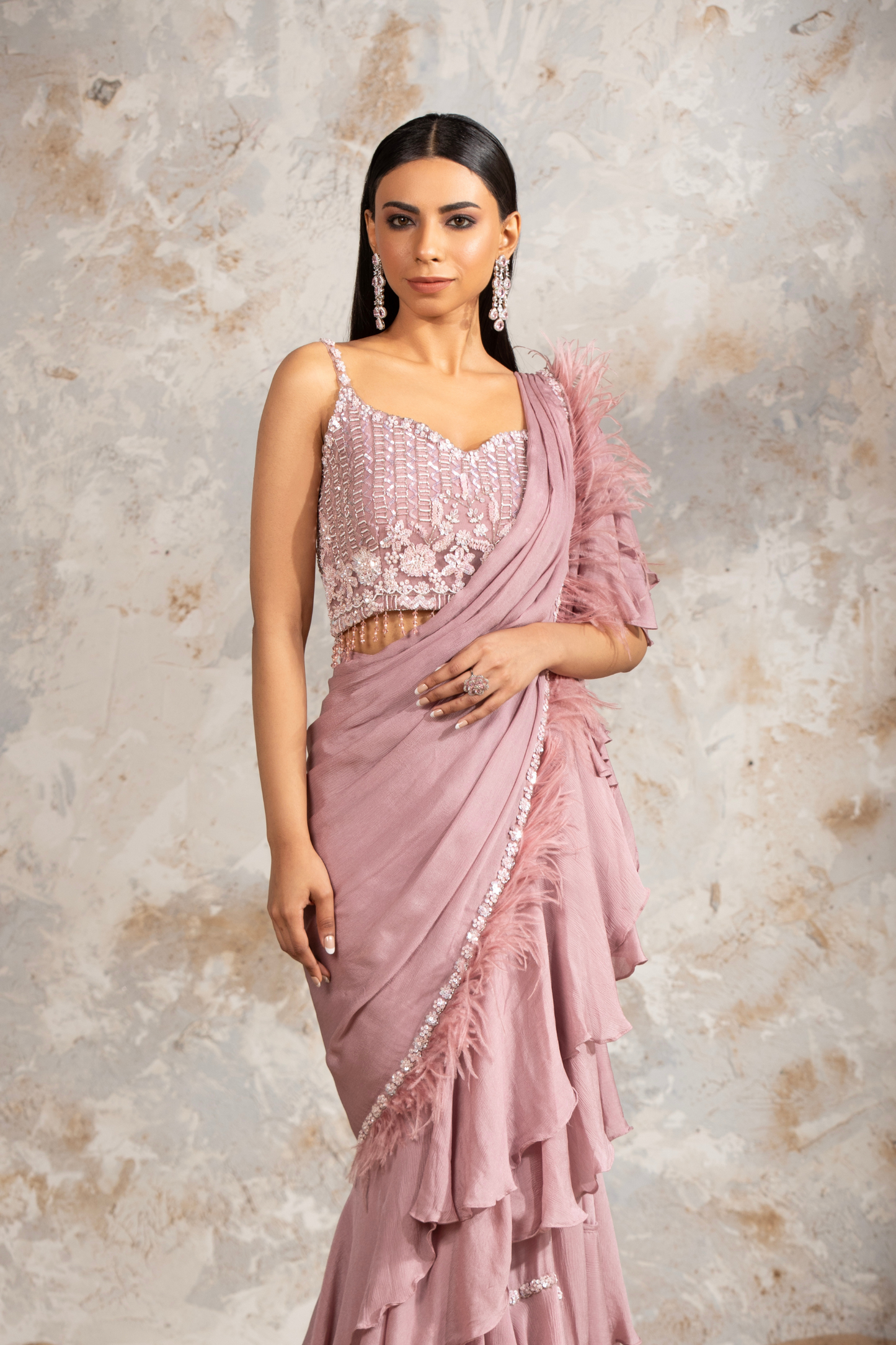 Dusty Pink Chiffon Ruffle Draped Saree