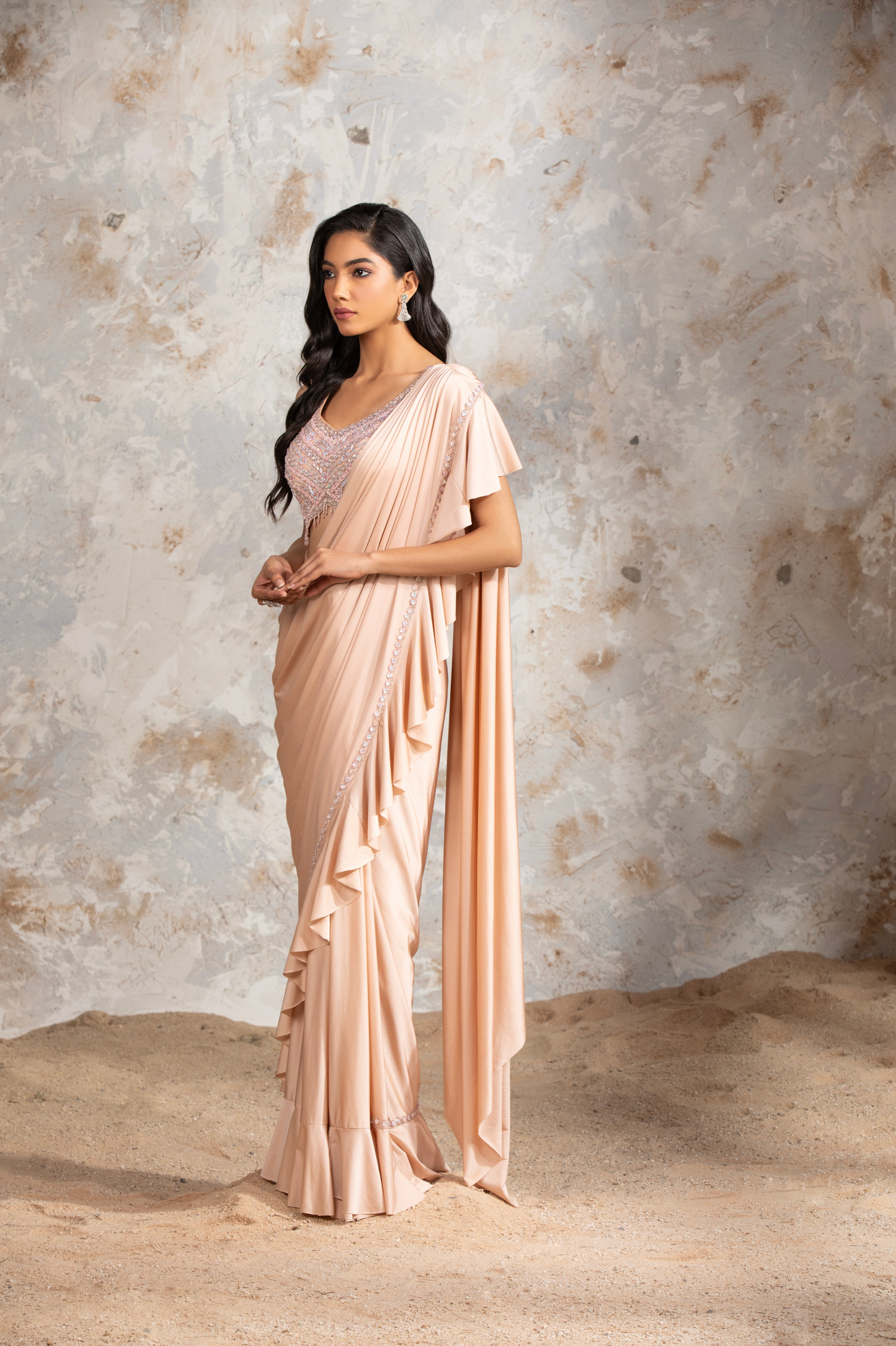 Peach Fuzz Lycra Ruffle Draped Saree