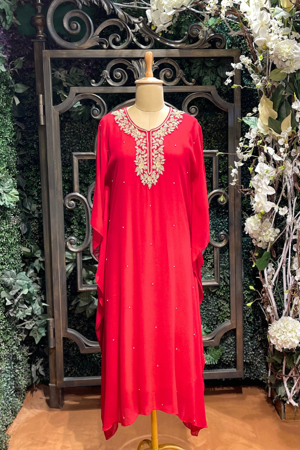 Turquoise Red Embroidered  Kaftan Set