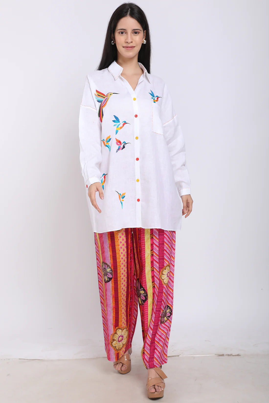 WHITE BIRDS EMBROIDERED SHIRT