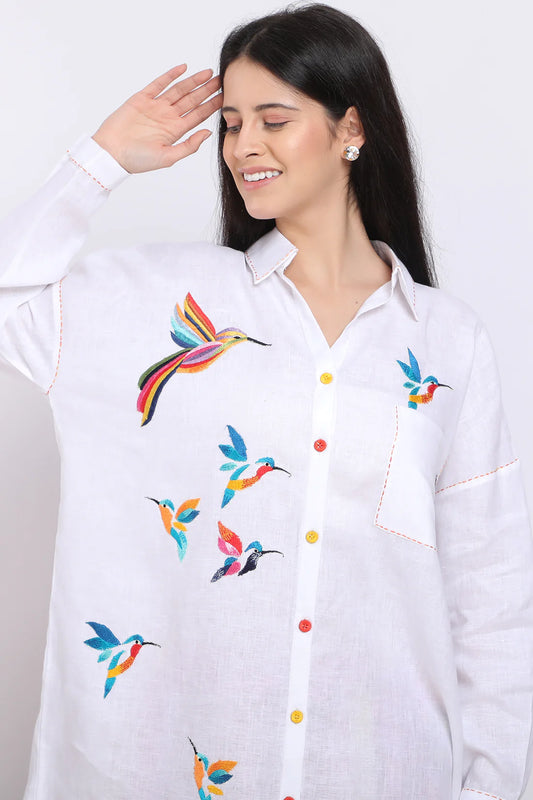 WHITE BIRDS EMBROIDERED SHIRT