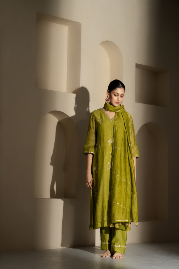 Green Dabka Embriodery Mulchanderi Kurta Set