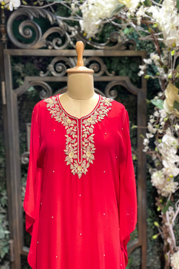 Turquoise Red Embroidered  Kaftan Set