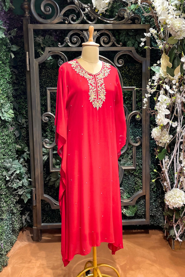 Turquoise Red Embroidered  Kaftan Set