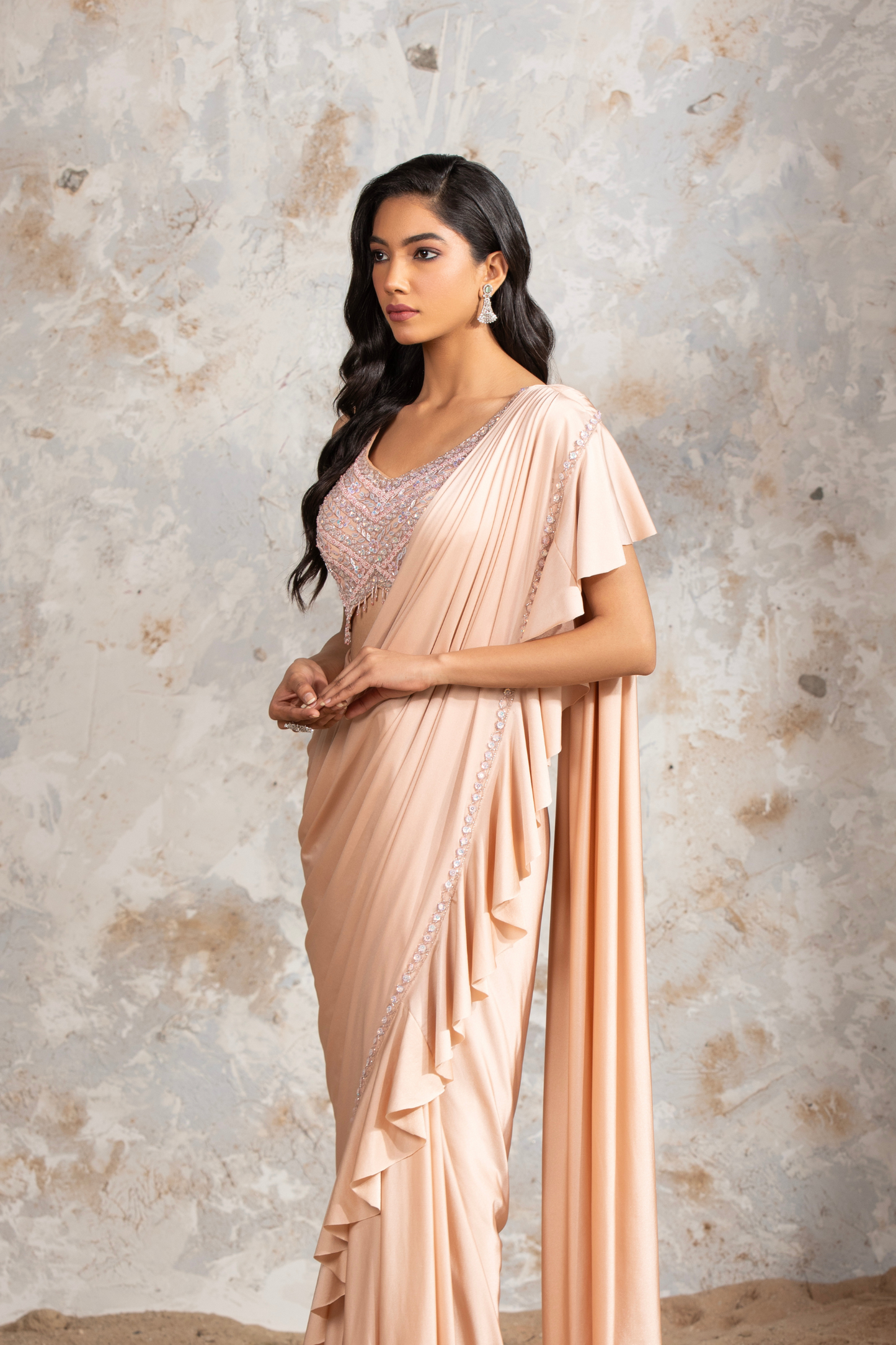 Peach Fuzz Lycra Ruffle Draped Saree