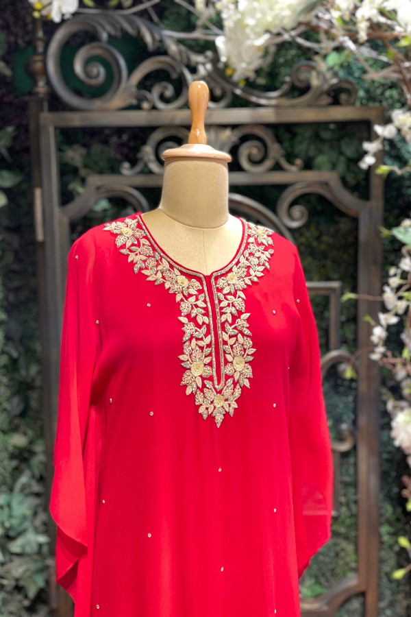 Turquoise Red Embroidered  Kaftan Set