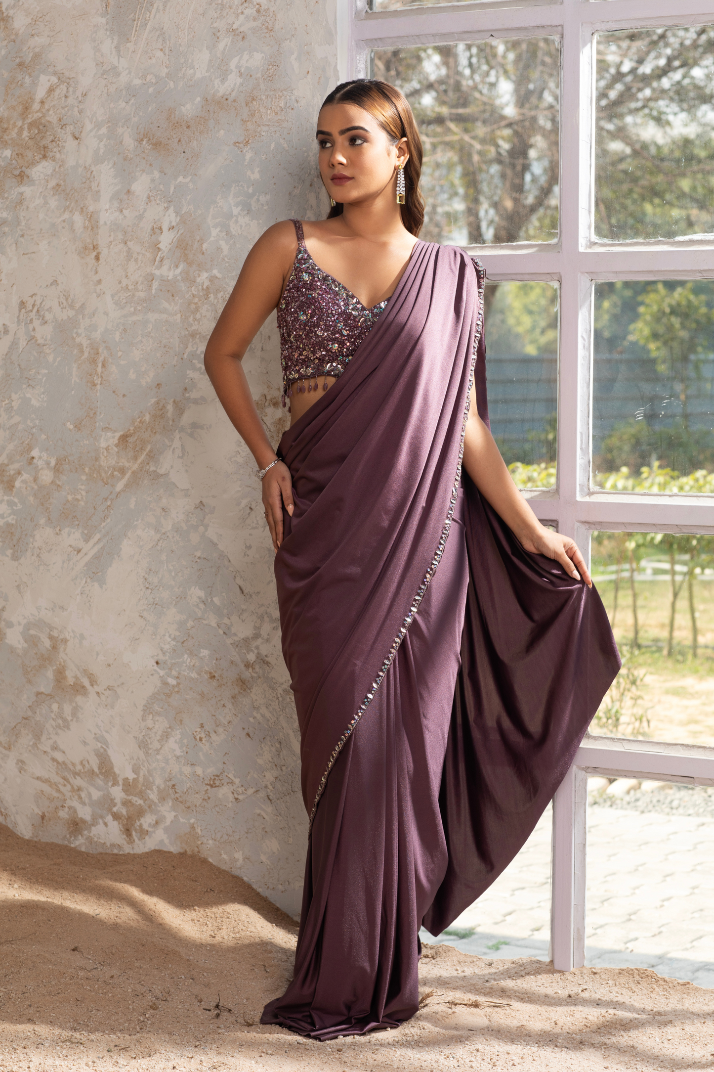 Dark Mauve Lycra Draped Saree