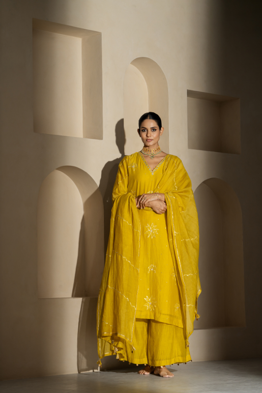 Lemon Yellow Dabka Embriodery Mulchanderi Kurta Set