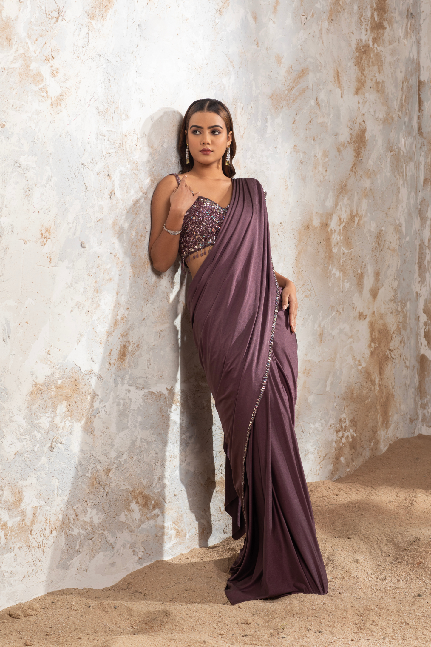 Dark Mauve Lycra Draped Saree