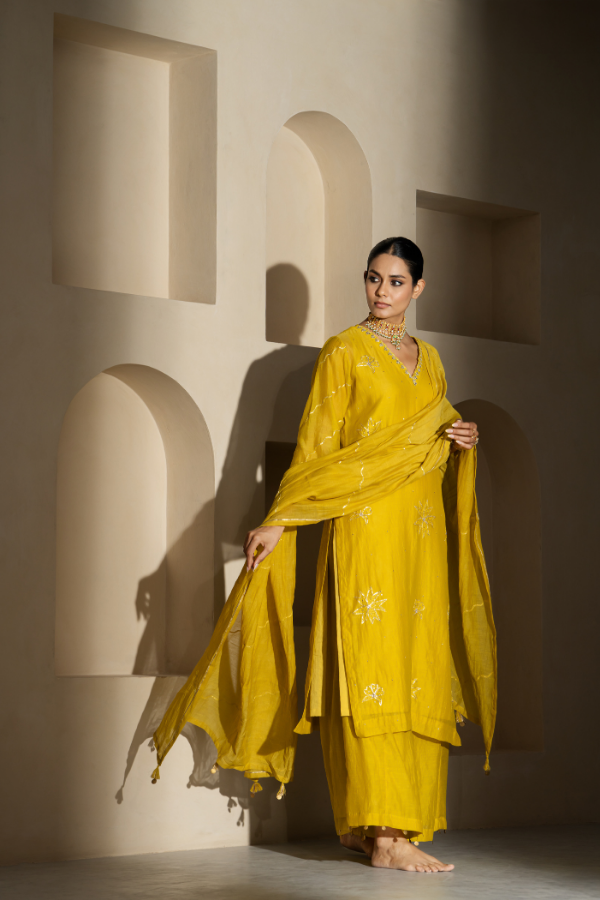 Lemon Yellow Dabka Embriodery Mulchanderi Kurta Set