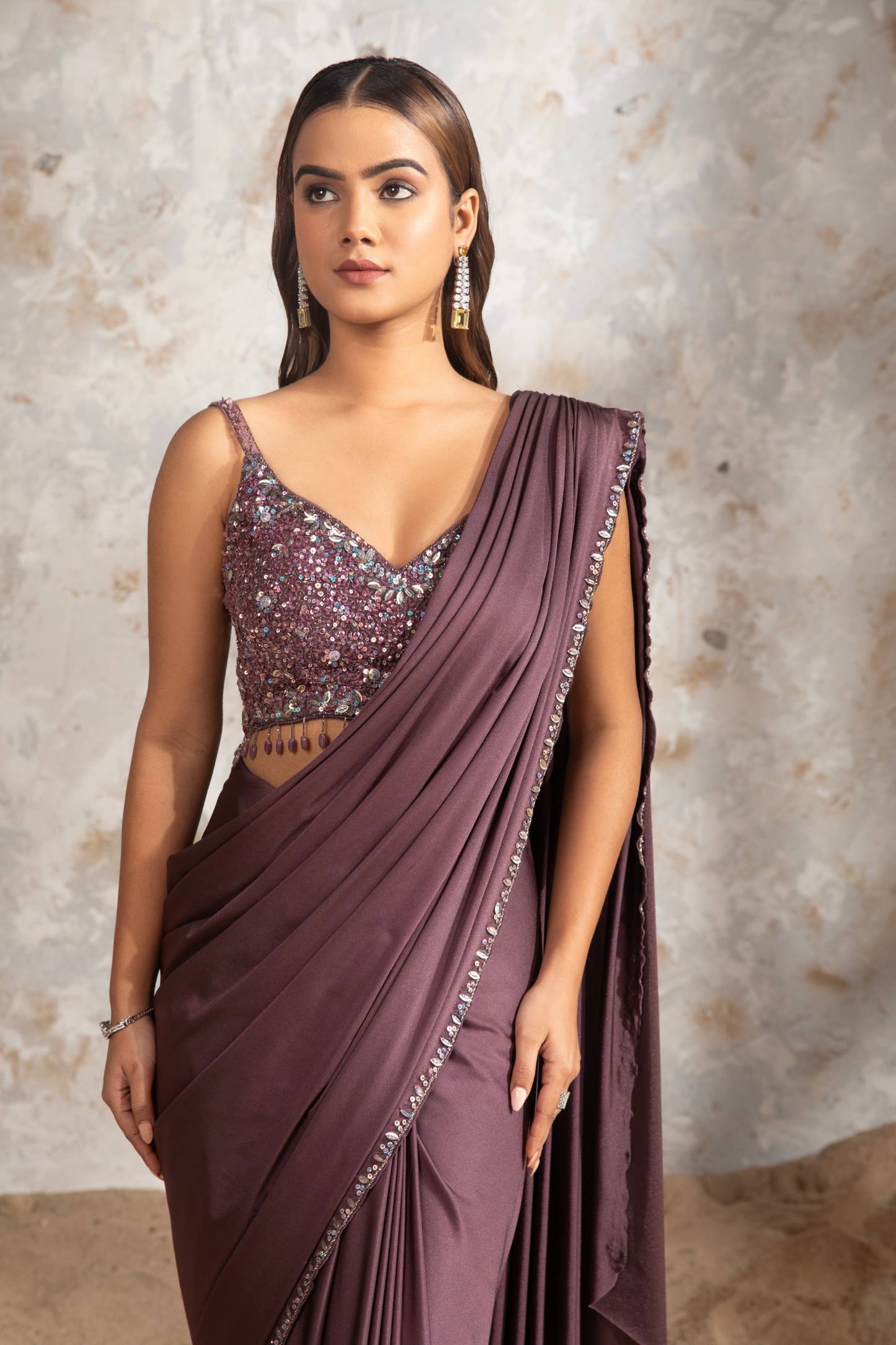 Dark Mauve Lycra Draped Saree