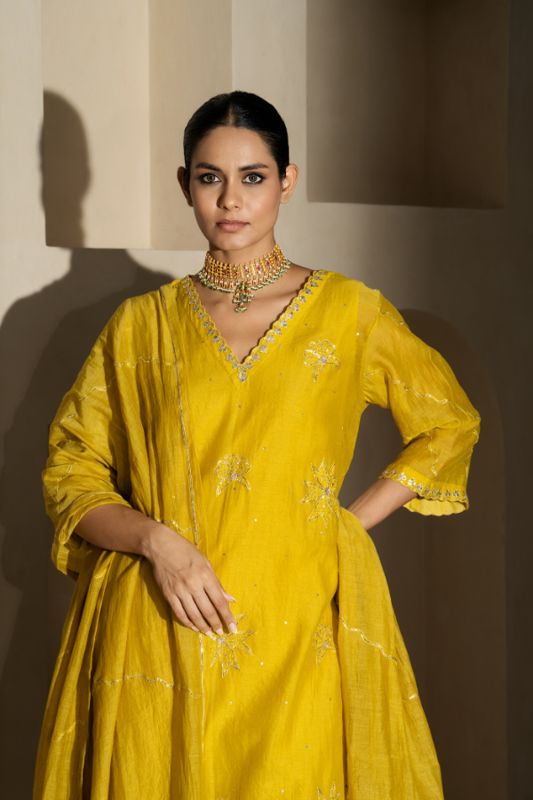 Lemon Yellow Dabka Embriodery Mulchanderi Kurta Set