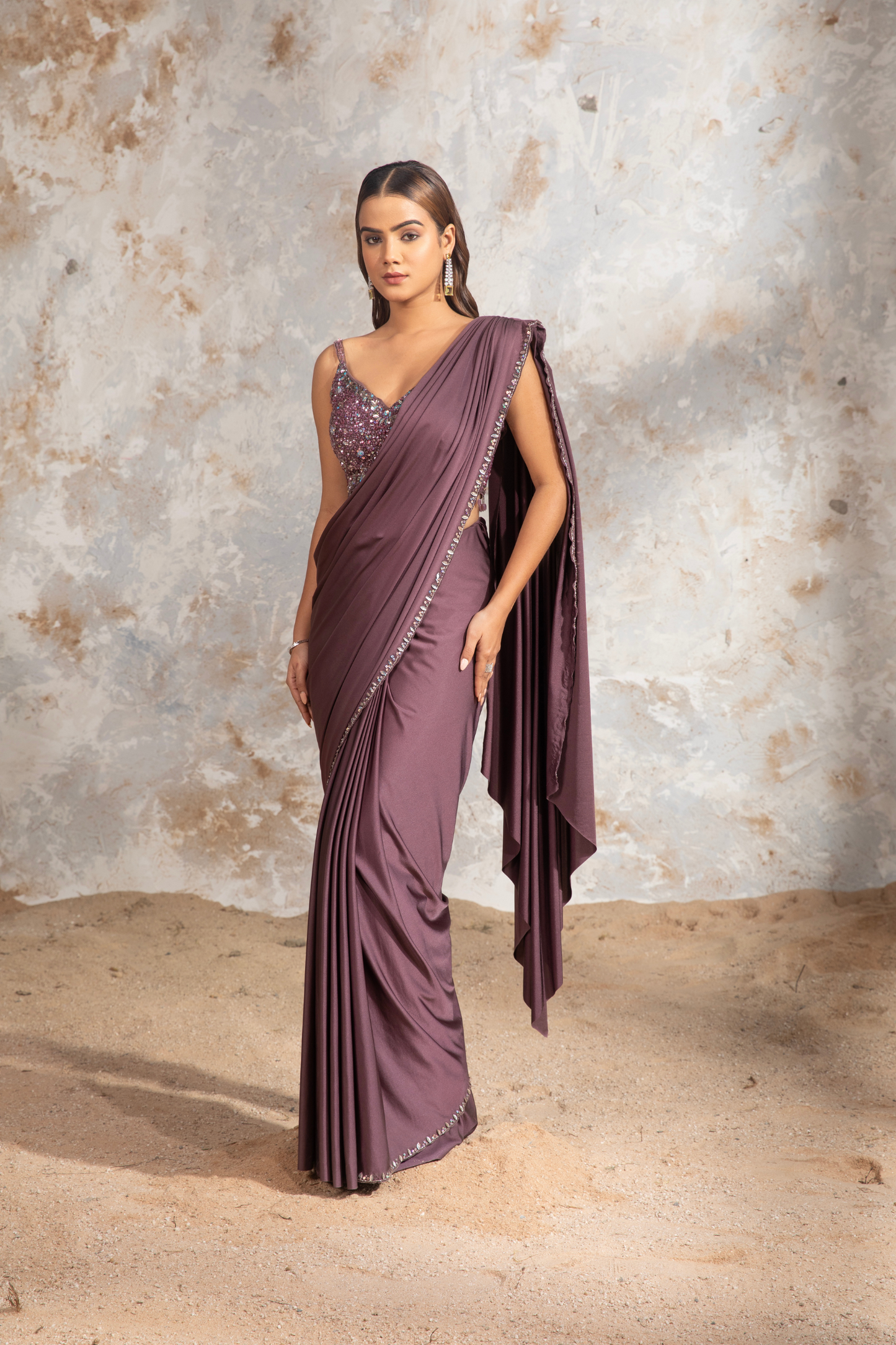 Dark Mauve Lycra Draped Saree