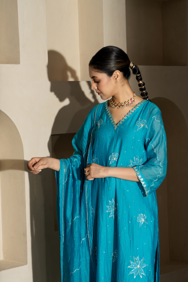 Turquoise Blue Dabka Embroidery Mulchanderi Kurta Set