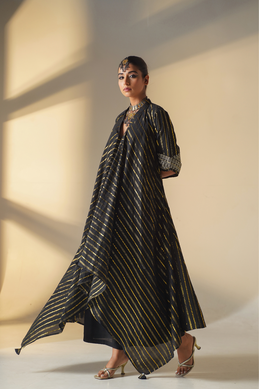 Stunning Black & Gold Handkerchief- Cut Kurta Set