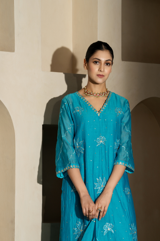 Turquoise Blue Dabka Embroidery Mulchanderi Kurta Set