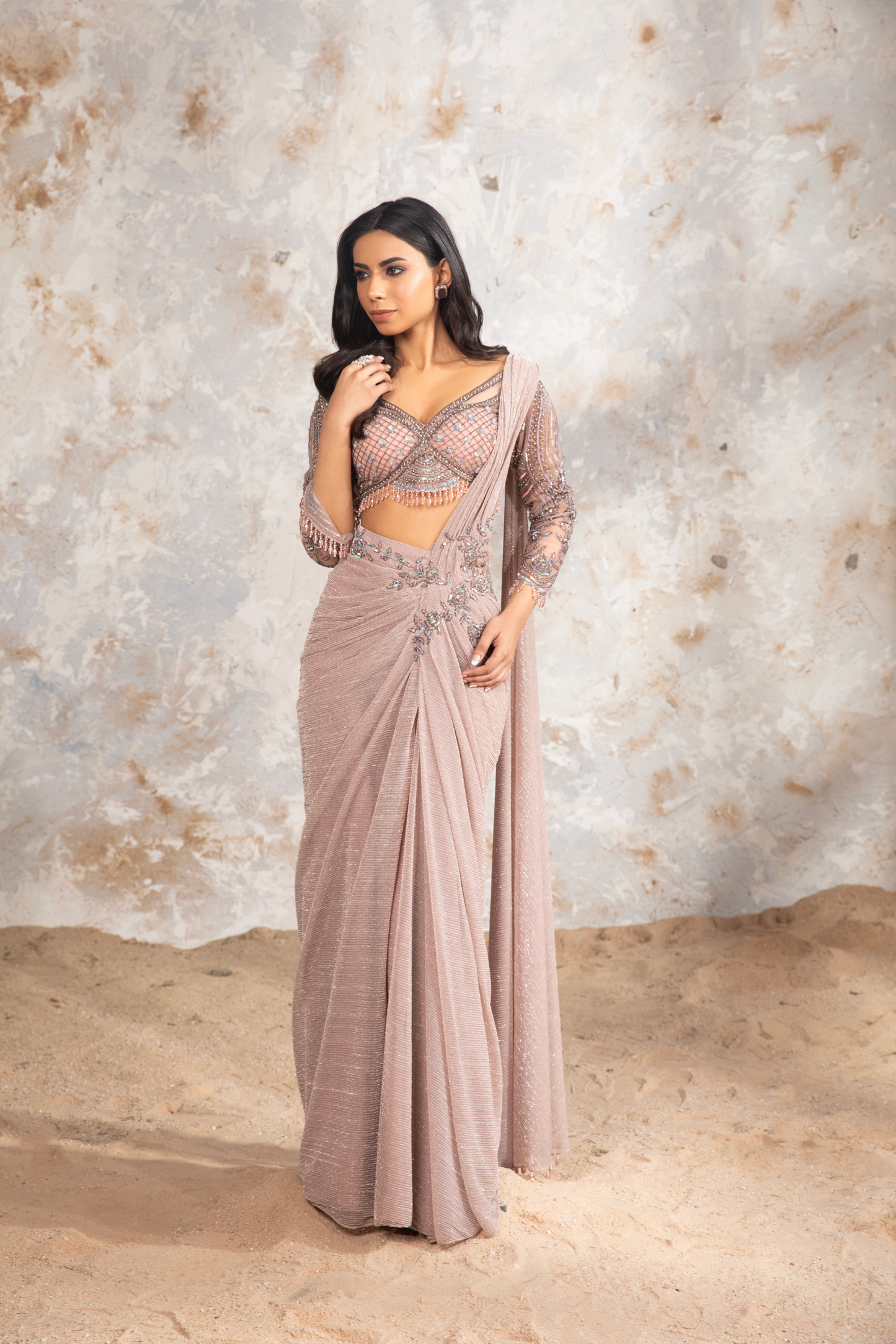 Dusty Mauve Crinkle Net Structured Draped Saree