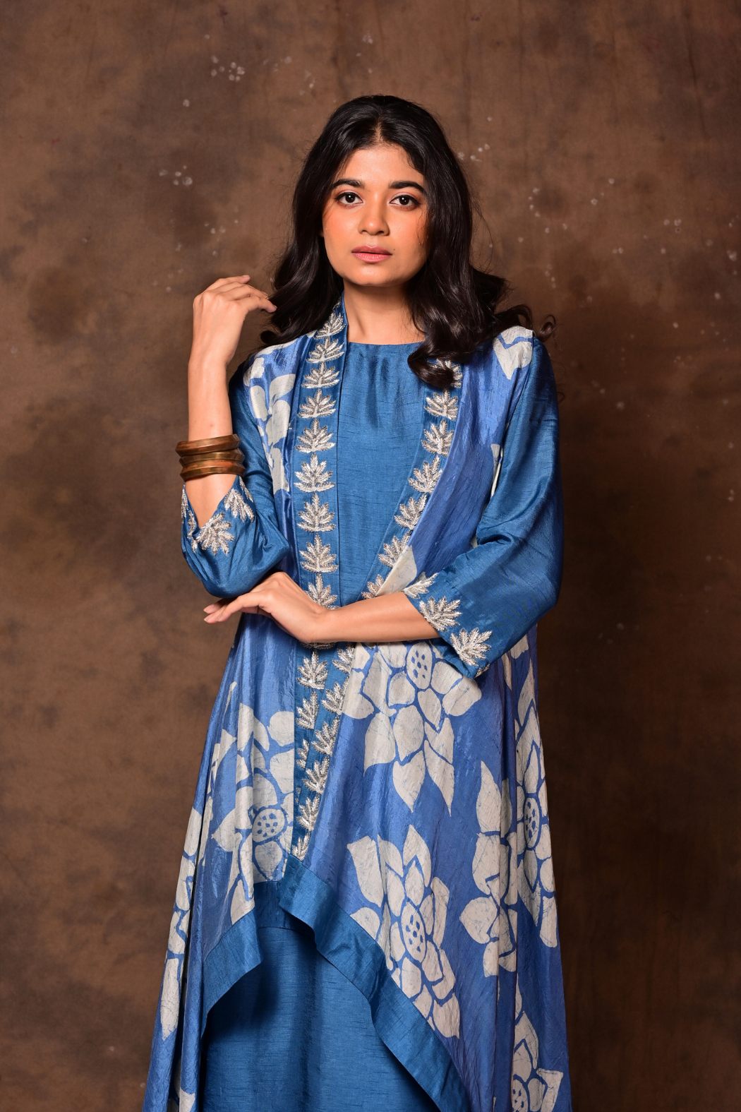 Blue Batik Print Sleeveless Jacket & Sharara Set