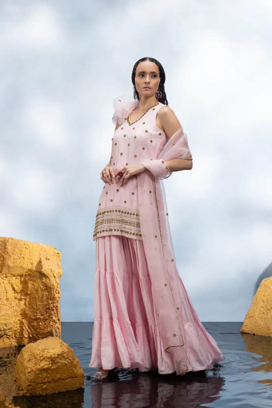 PASTEL PINK TIERED SHARARA SET WITH DUPATTA