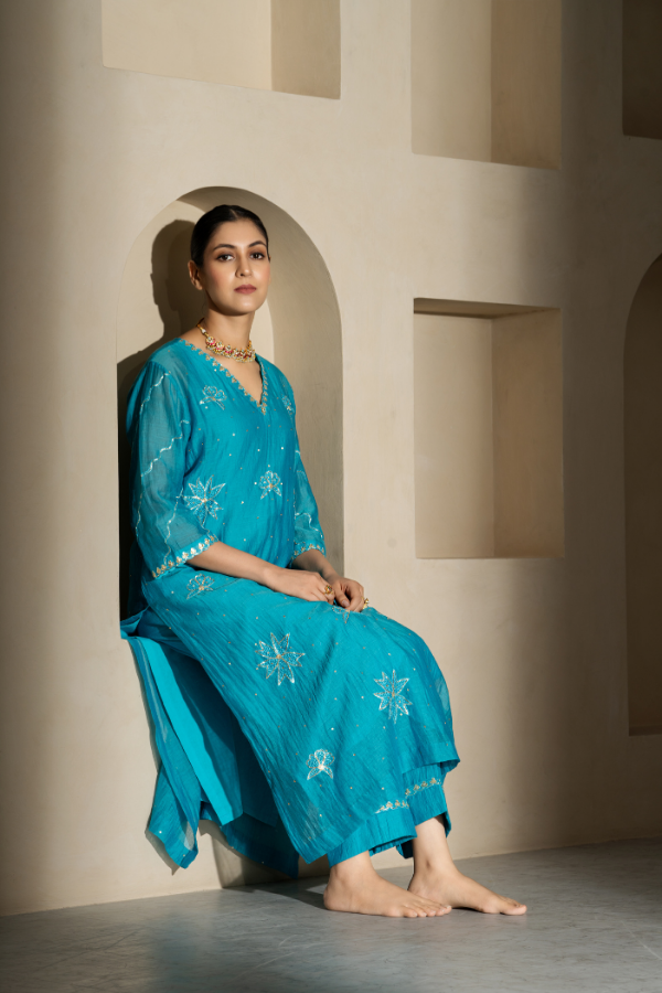 Turquoise Blue Dabka Embroidery Mulchanderi Kurta Set