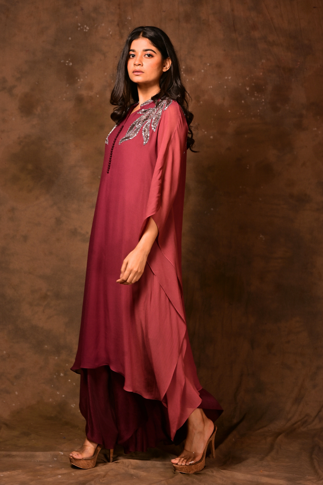 Wine Ombre Kaftan Set