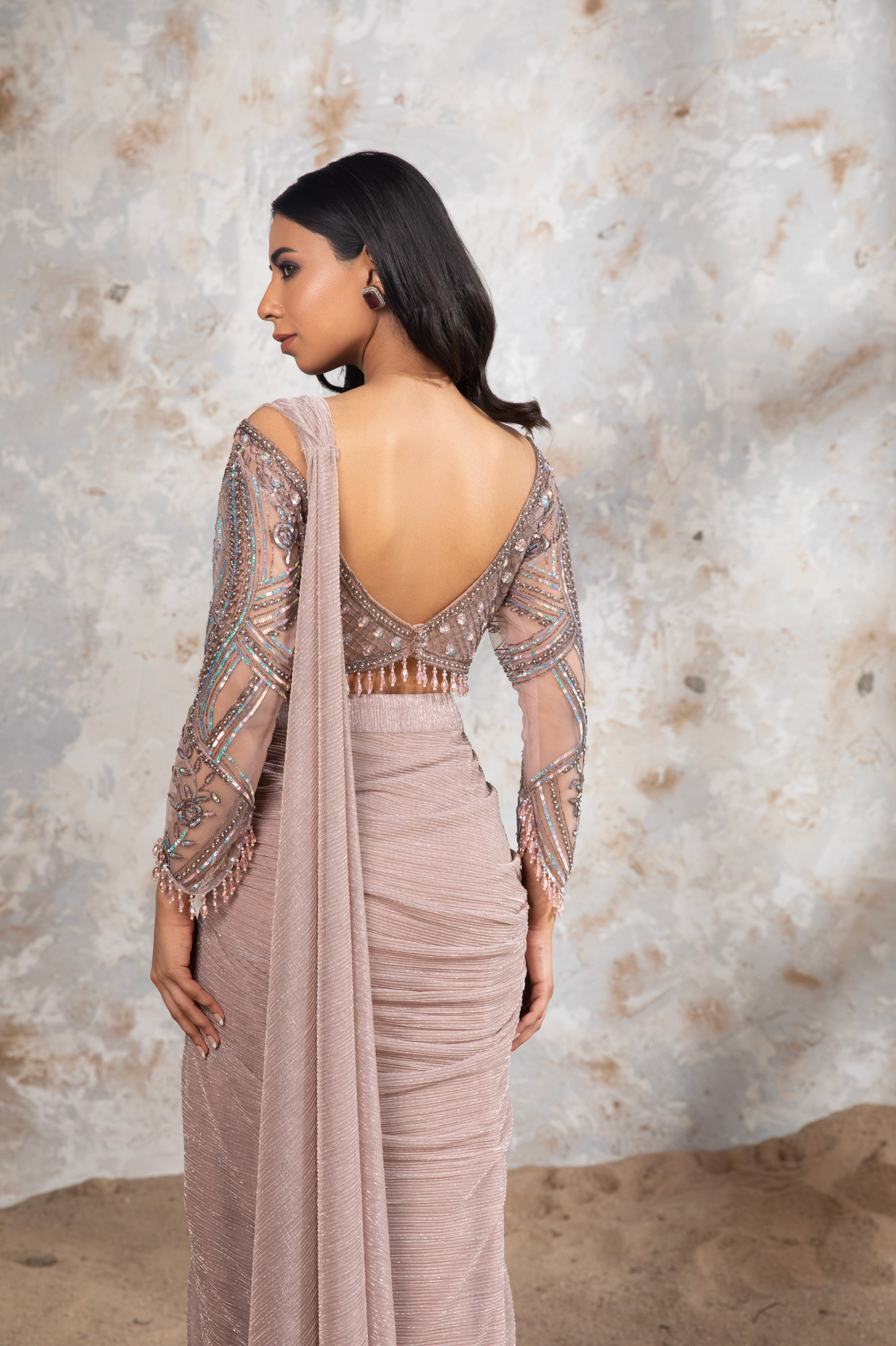 Dusty Mauve Crinkle Net Structured Draped Saree