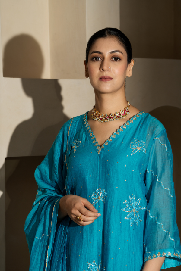 Turquoise Blue Dabka Embroidery Mulchanderi Kurta Set