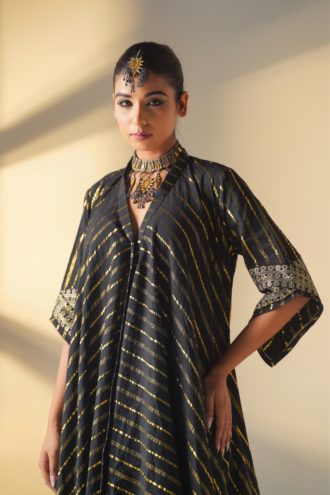 Stunning Black & Gold Handkerchief- Cut Kurta Set