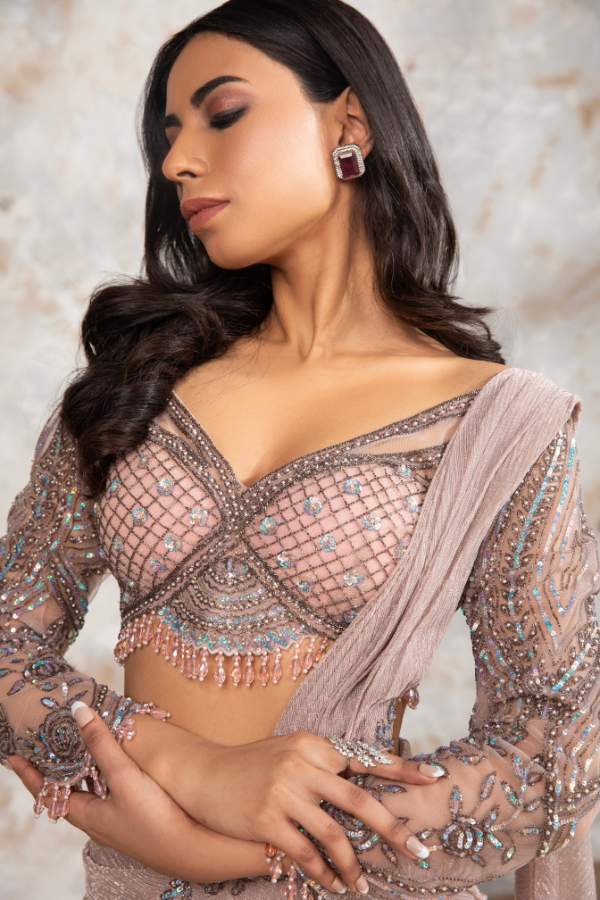 Dusty Mauve Crinkle Net Structured Draped Saree