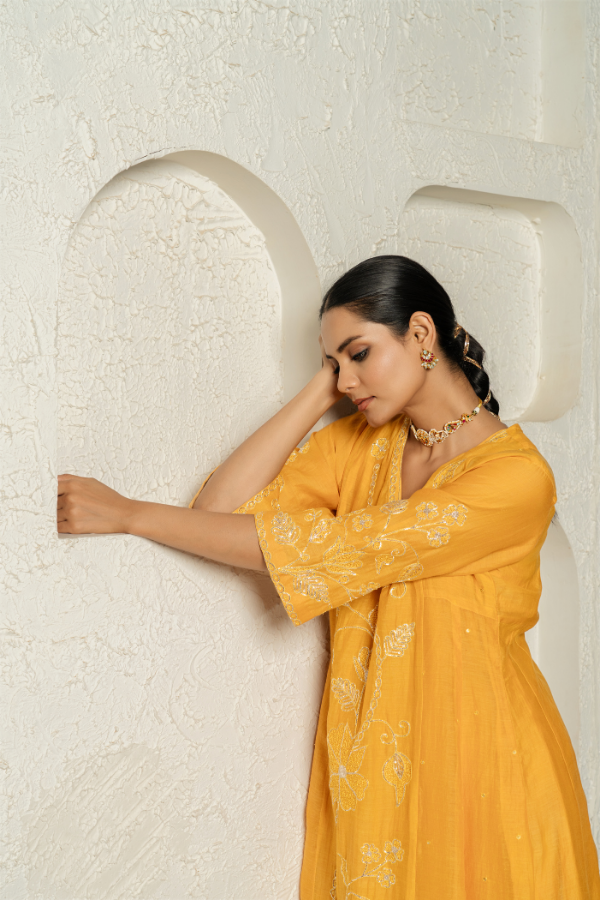 Mustard Gotta Patti Floral Mulchanderi Kurta Set