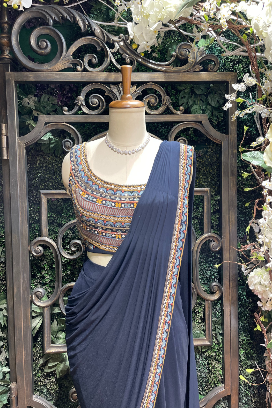 Navy Blue Threadwork Lycra Draped Saree