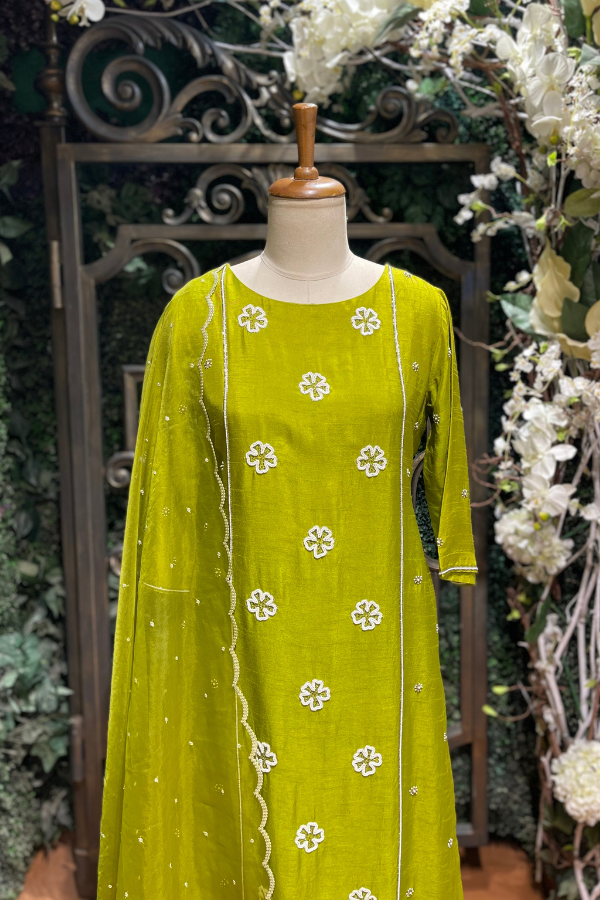 Green Pearl Embroidered Kurta Sharara Set