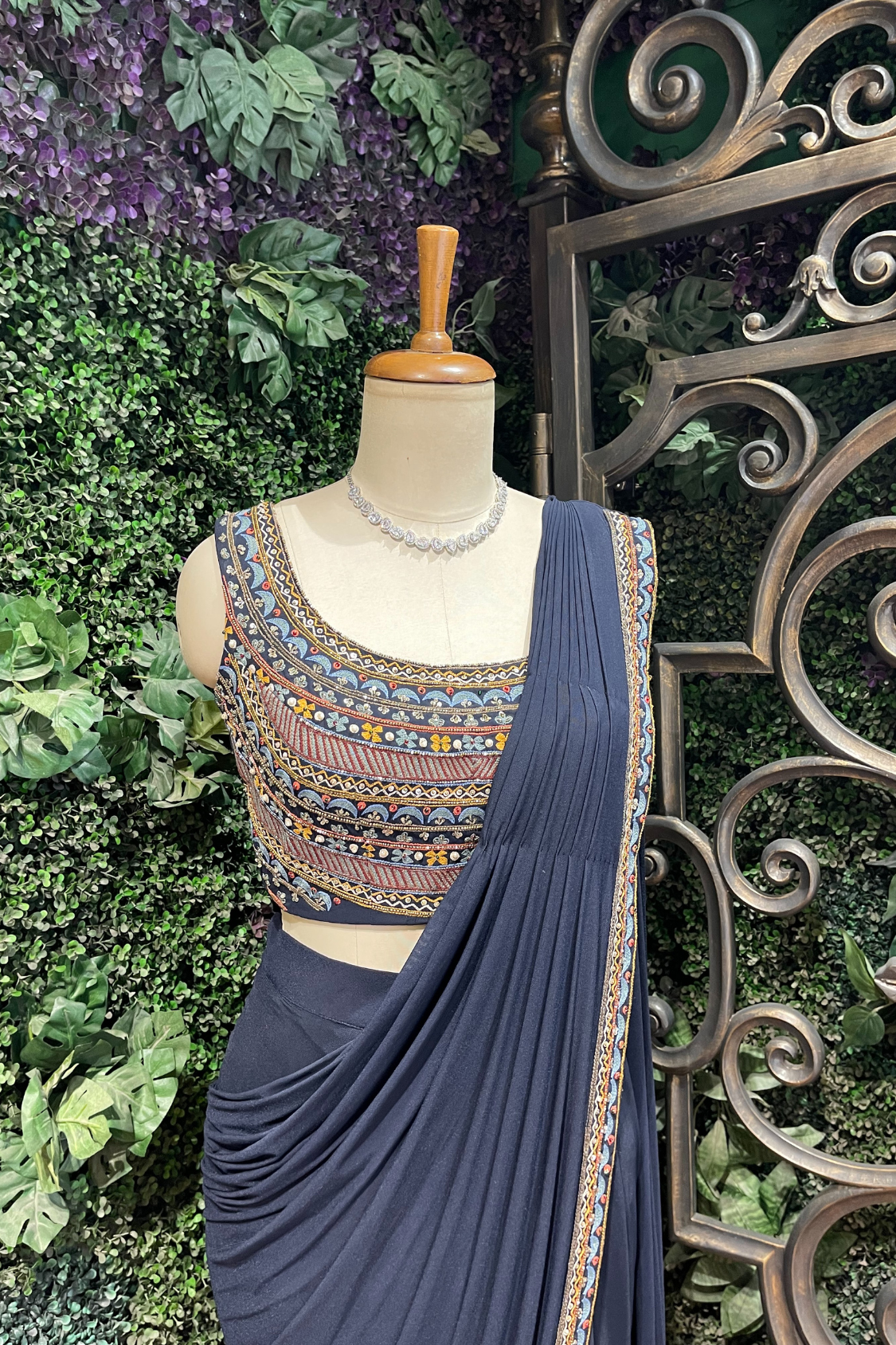 Navy Blue Threadwork Lycra Draped Saree