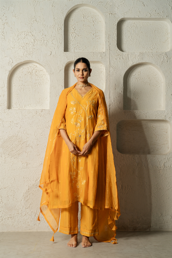 Mustard Gotta Patti Floral Mulchanderi Kurta Set