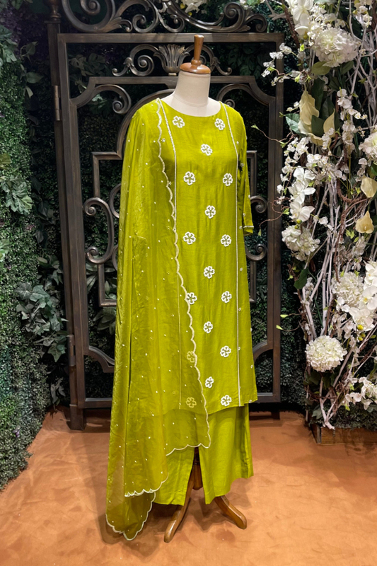 Green Pearl Embroidered Kurta Sharara Set