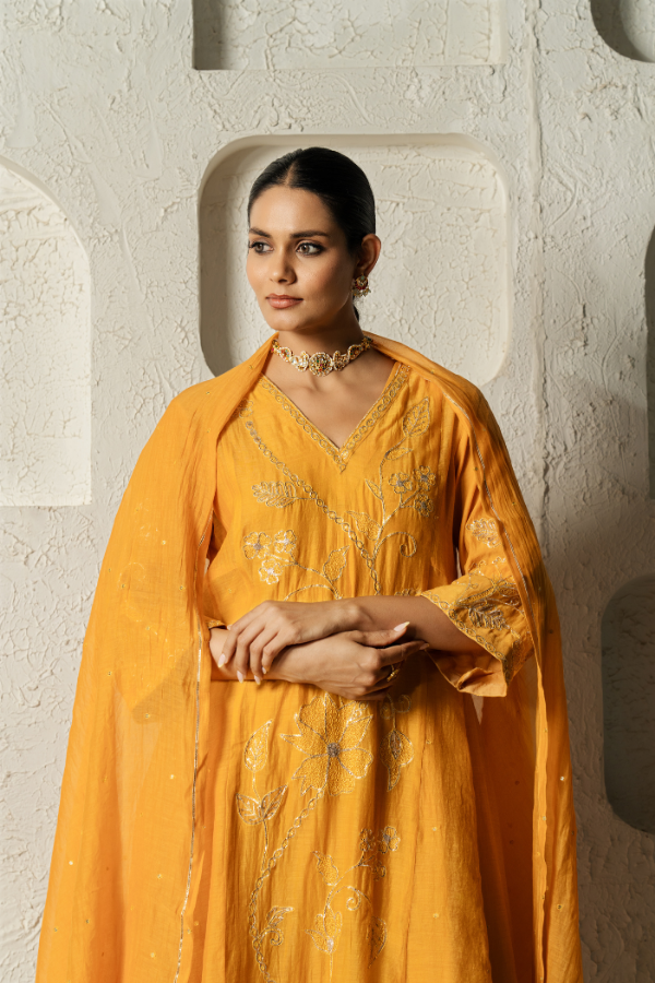 Mustard Gotta Patti Floral Mulchanderi Kurta Set