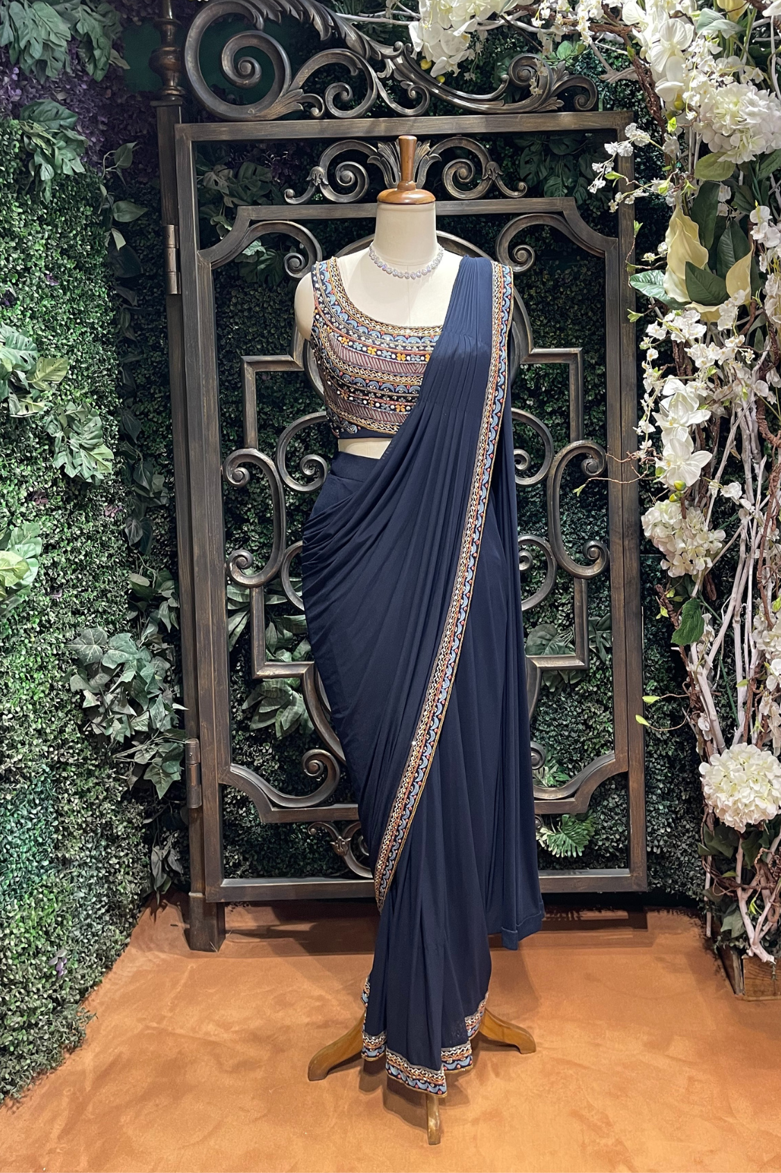 Navy Blue Threadwork Lycra Draped Saree