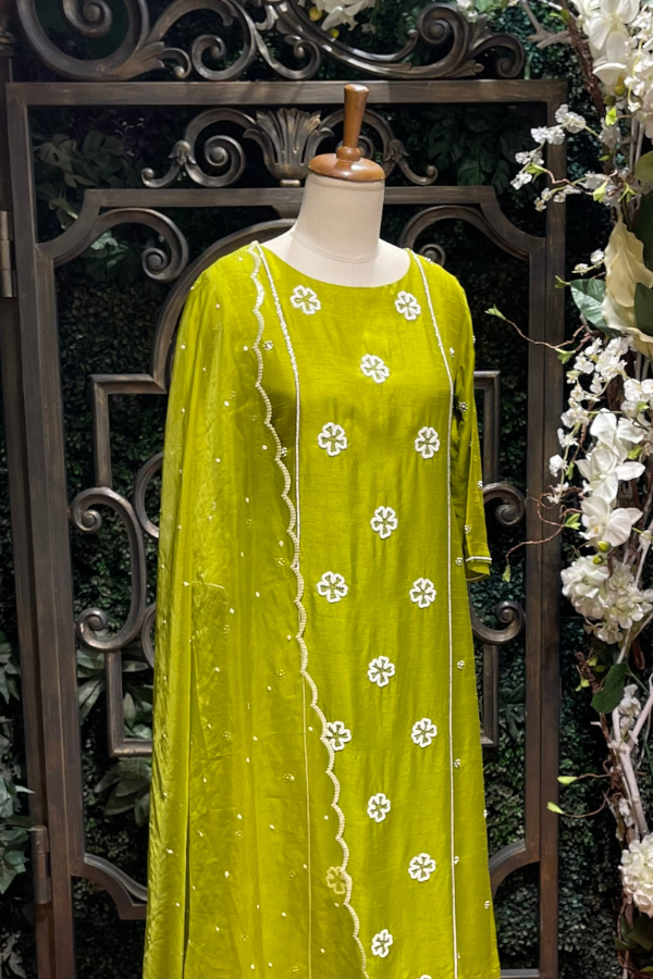 Green Pearl Embroidered Kurta Sharara Set