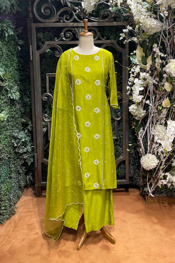 Green Pearl Embroidered Kurta Sharara Set