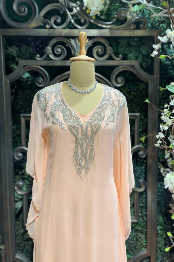 Pastel Pink Sequin Embroidery Kaftan Dress