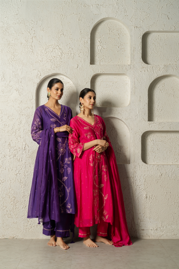 Fuscia Pink Dabka Embriodery Floral Mulchanderi Kurta Set